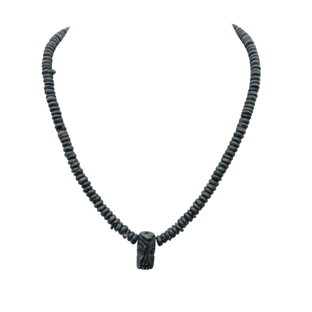 Vintage Black Beaded Heishi Necklace with Carved Tiki Head Pendant Handcrafted